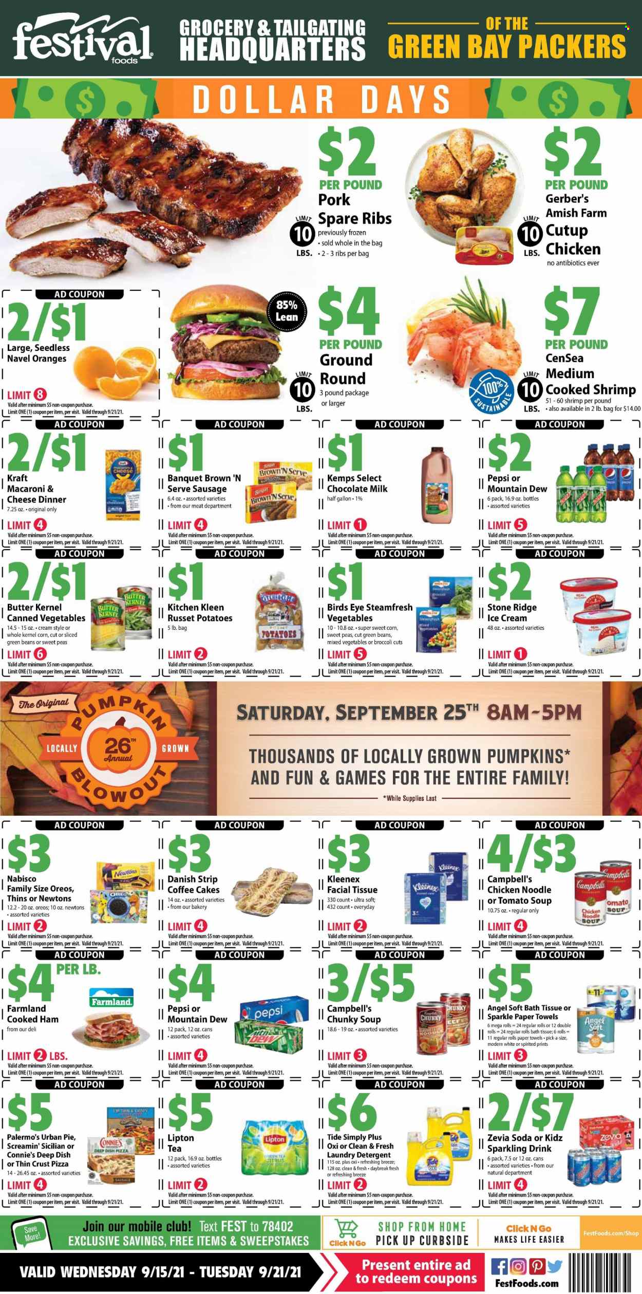 thumbnail - Festival Foods Flyer - 09/15/2021 - 09/21/2021 - Sales products - cake, broccoli, corn, green beans, russet potatoes, potatoes, pumpkin, sweet corn, oranges, shrimps, Campbell's, tomato soup, pizza, macaroni, soup, Urban Pie, noodles cup, Bird's Eye, noodles, Kraft®, cooked ham, ham, sausage, Kemps, Oreo, milk, butter, ice cream, mixed vegetables, Screamin' Sicilian, milk chocolate, Thins, canned vegetables, Mountain Dew, Pepsi, Lipton, soda, tea, pork spare ribs, bath tissue, Kleenex, kitchen towels, paper towels, detergent, Tide, laundry detergent, navel oranges. Page 1.