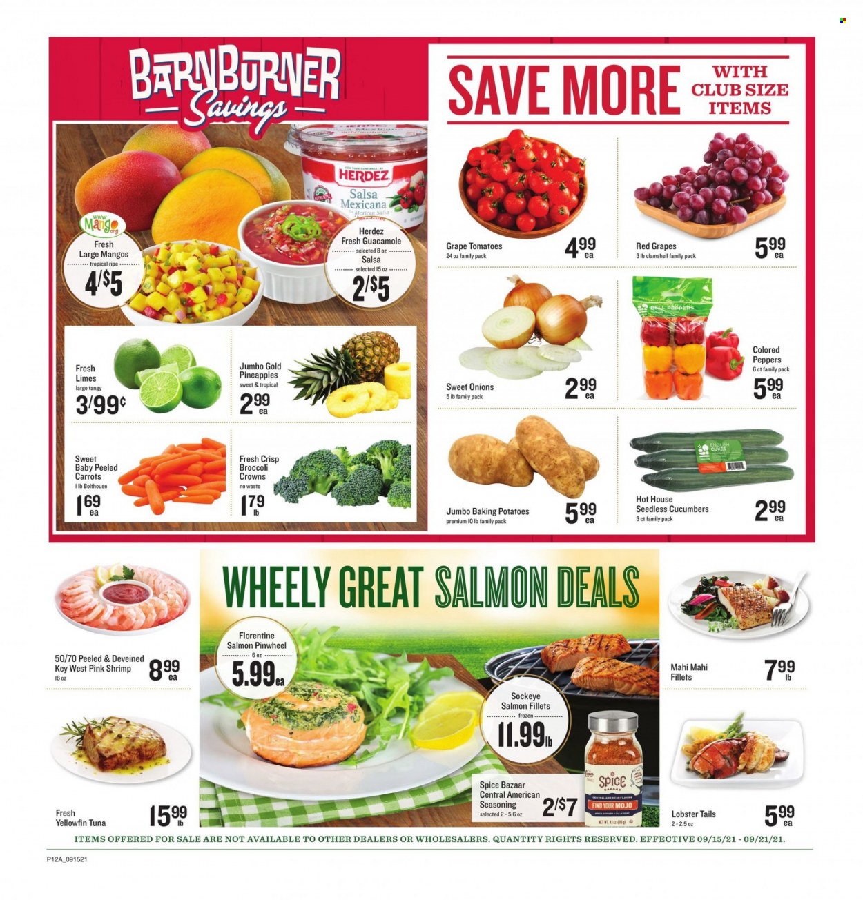 thumbnail - Lowes Foods Flyer - 09/15/2021 - 09/21/2021 - Sales products - bell peppers, carrots, cucumber, tomatoes, potatoes, peppers, limes, mango, pineapple, lobster, mahi mahi, salmon, salmon fillet, tuna, lobster tail, shrimps, guacamole, spice, salsa. Page 16.