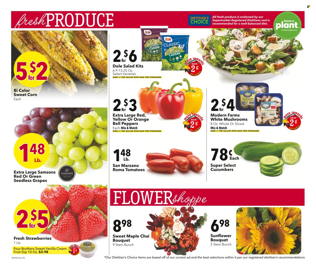 thumbnail - Cash Wise Flyer - 09/15/2021 - 09/21/2021 - Sales products - mushrooms, seedless grapes, bell peppers, corn, cucumber, tomatoes, salad, Dole, peppers, sweet corn, grapes, strawberries, oranges, Four Brothers, dip. Page 2.