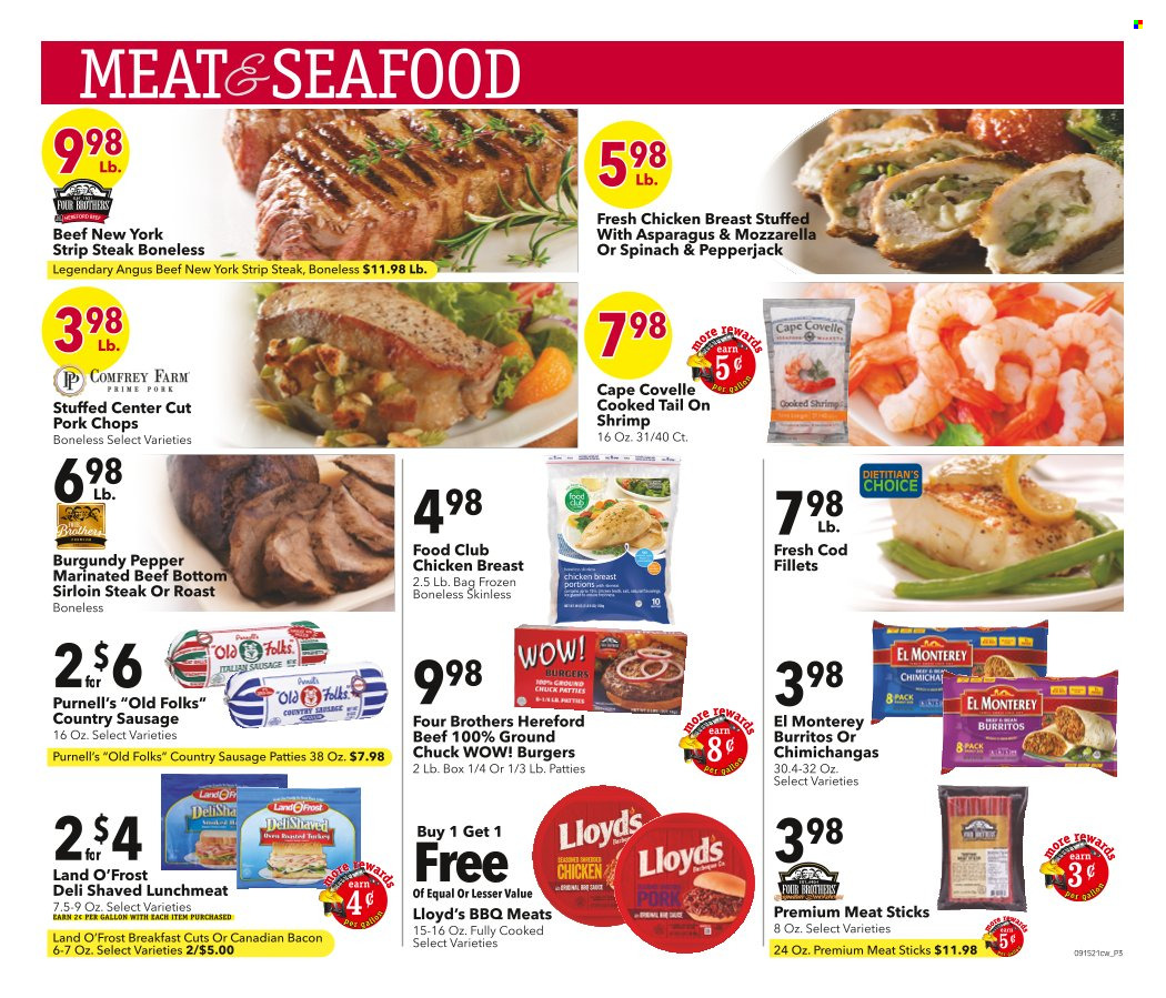 thumbnail - Cash Wise Flyer - 09/15/2021 - 09/21/2021 - Sales products - asparagus, cod, seafood, shrimps, hamburger, burrito, Four Brothers, bacon, canadian bacon, sausage, lunch meat, mozzarella, Pepper Jack cheese, chicken breasts, beef meat, beef sirloin, ground chuck, steak, sirloin steak, striploin steak, marinated beef, pork chops, pork meat. Page 3.