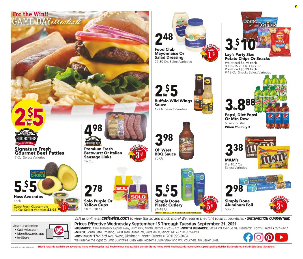thumbnail - Cash Wise Flyer - 09/15/2021 - 09/21/2021 - Sales products - sauce, Four Brothers, bratwurst, sausage, italian sausage, guacamole, mayonnaise, M&M's, potato chips, chips, Lay’s, BBQ sauce, salad dressing, dressing, Mountain Dew, Pepsi, Diet Pepsi, Sol. Page 12.
