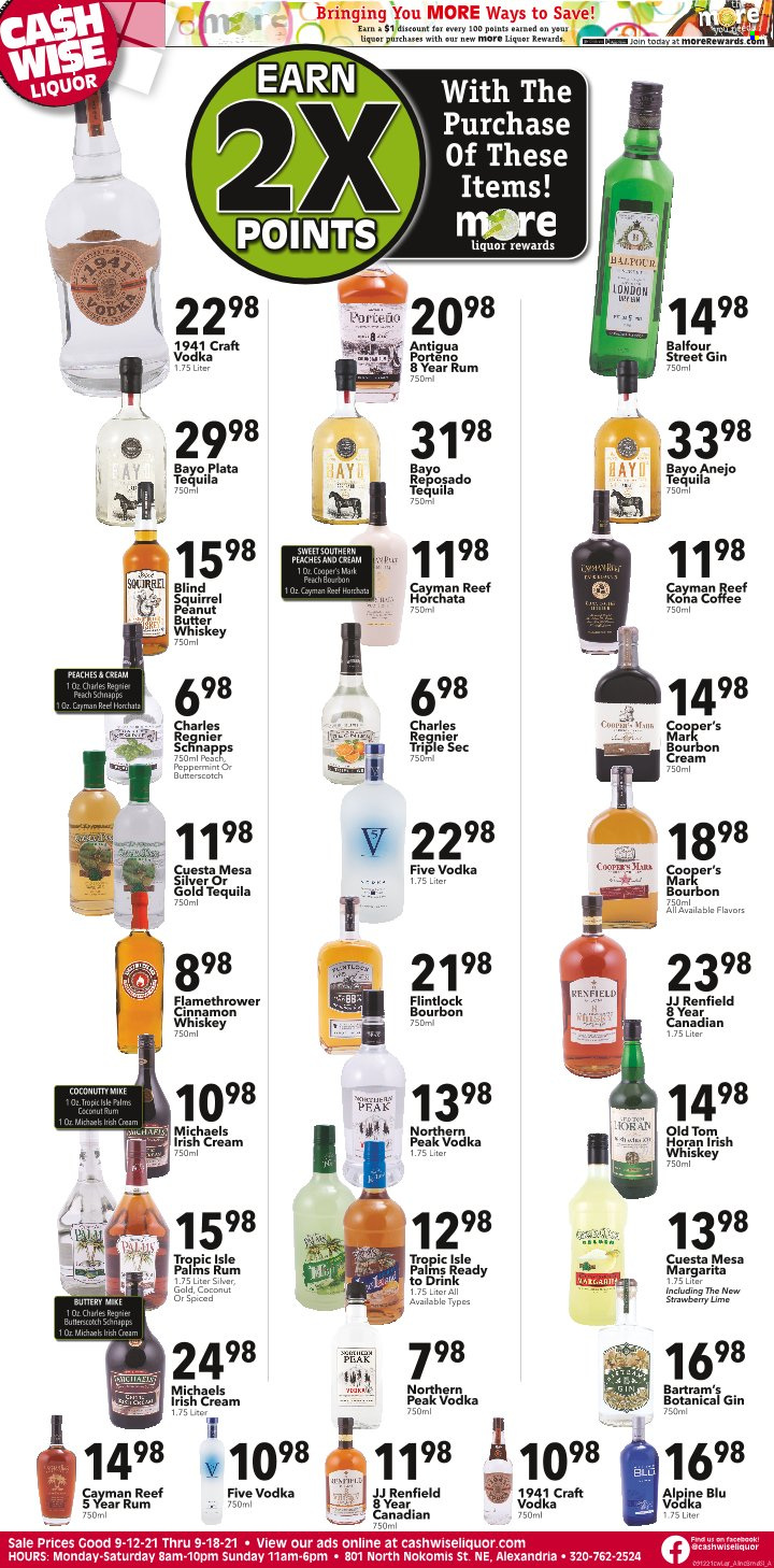 thumbnail - Cash Wise Liquor Only Flyer - 09/12/2021 - 09/18/2021 - Sales products - coconut, butterscotch, cinnamon, peanut butter, coffee, bourbon, gin, rum, schnapps, tequila, Triple Sec, vodka, whiskey, irish cream, irish whiskey, liquor, whisky, peaches. Page 1.