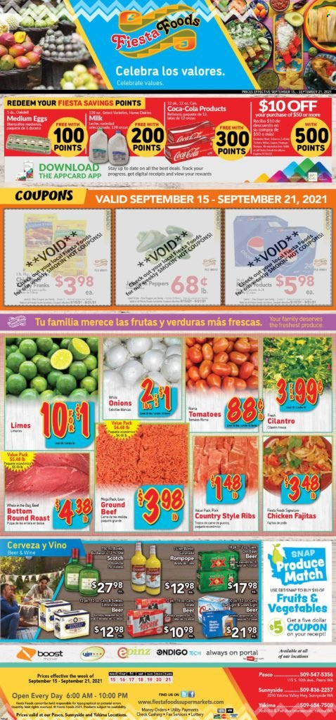 thumbnail - Fiesta Foods SuperMarkets Flyer - 09/15/2021 - 09/21/2021 - Sales products - tomatoes, onion, limes, clams, fajita, milk, eggs, cilantro, Coca-Cola, Boost, wine, beer, beef meat, round roast, pork ribs, country style ribs. Page 1.