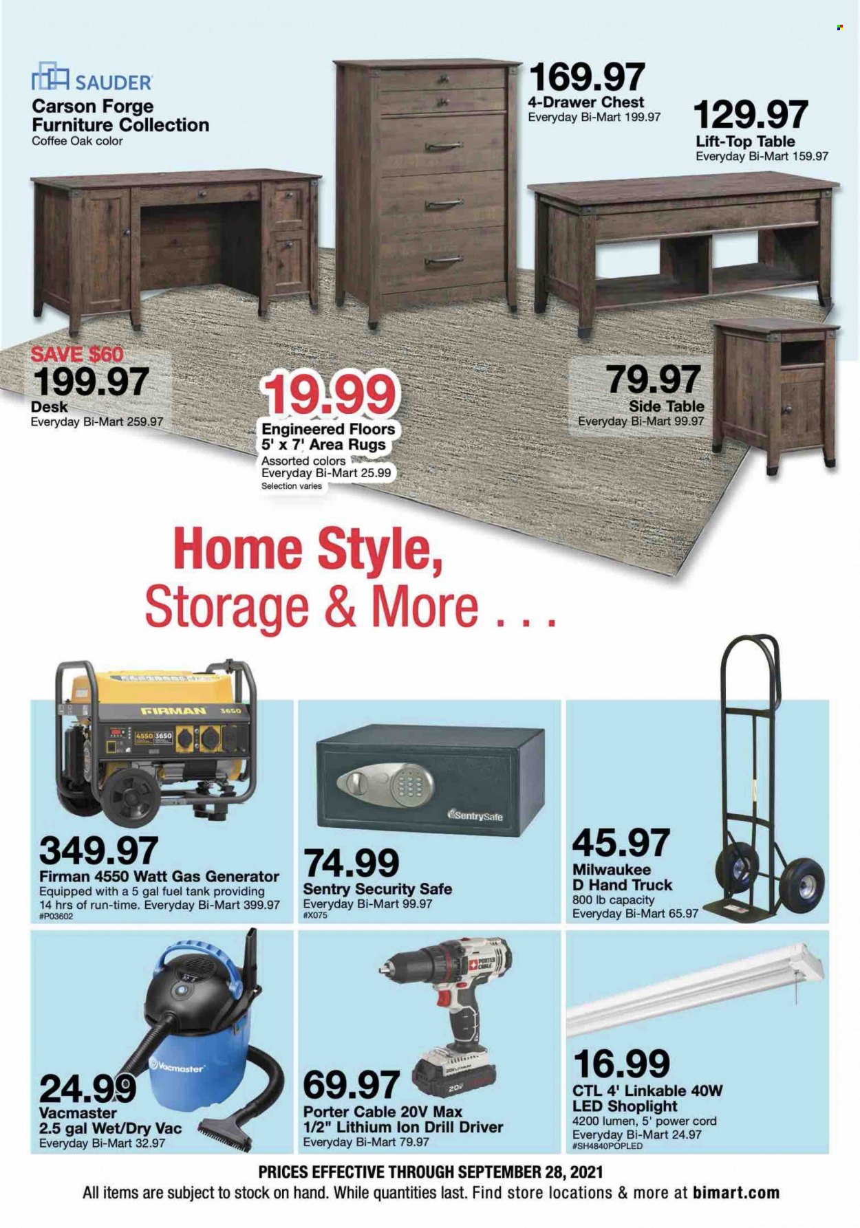 thumbnail - Bi-Mart Flyer - 09/15/2021 - 09/28/2021 - Sales products - table, sidetable, coffee, tank, vacuum cleaner, rug, area rug, Milwaukee, drill, gas generator, generator, hand truck. Page 2.