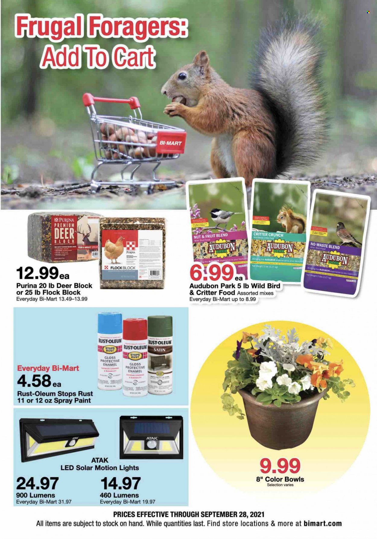 thumbnail - Bi-Mart Flyer - 09/15/2021 - 09/28/2021 - Sales products - animal food, bird food, Purina, spray paint, paint, cart. Page 3.