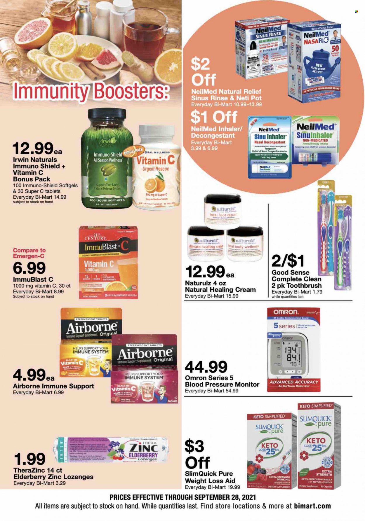 thumbnail - Bi-Mart Flyer - 09/15/2021 - 09/28/2021 - Sales products - Omron, toothbrush, pot, pressure monitor, vitamin c, zinc, Emergen-C, dietary supplement. Page 6.