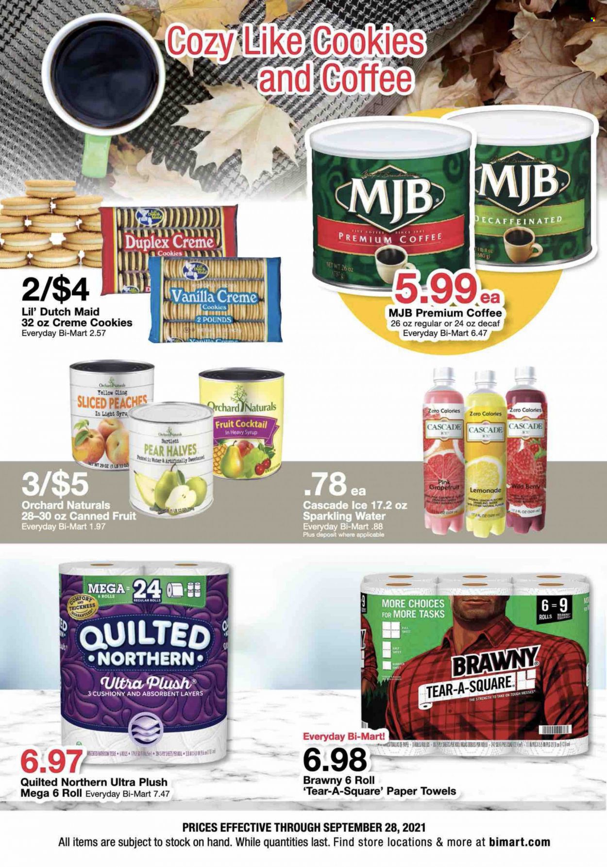 thumbnail - Bi-Mart Flyer - 09/15/2021 - 09/28/2021 - Sales products - grapefruits, pears, cookies, canned fruit, syrup, lemonade, sparkling water, coffee, Quilted Northern, kitchen towels, paper towels, Cascade, peaches. Page 10.