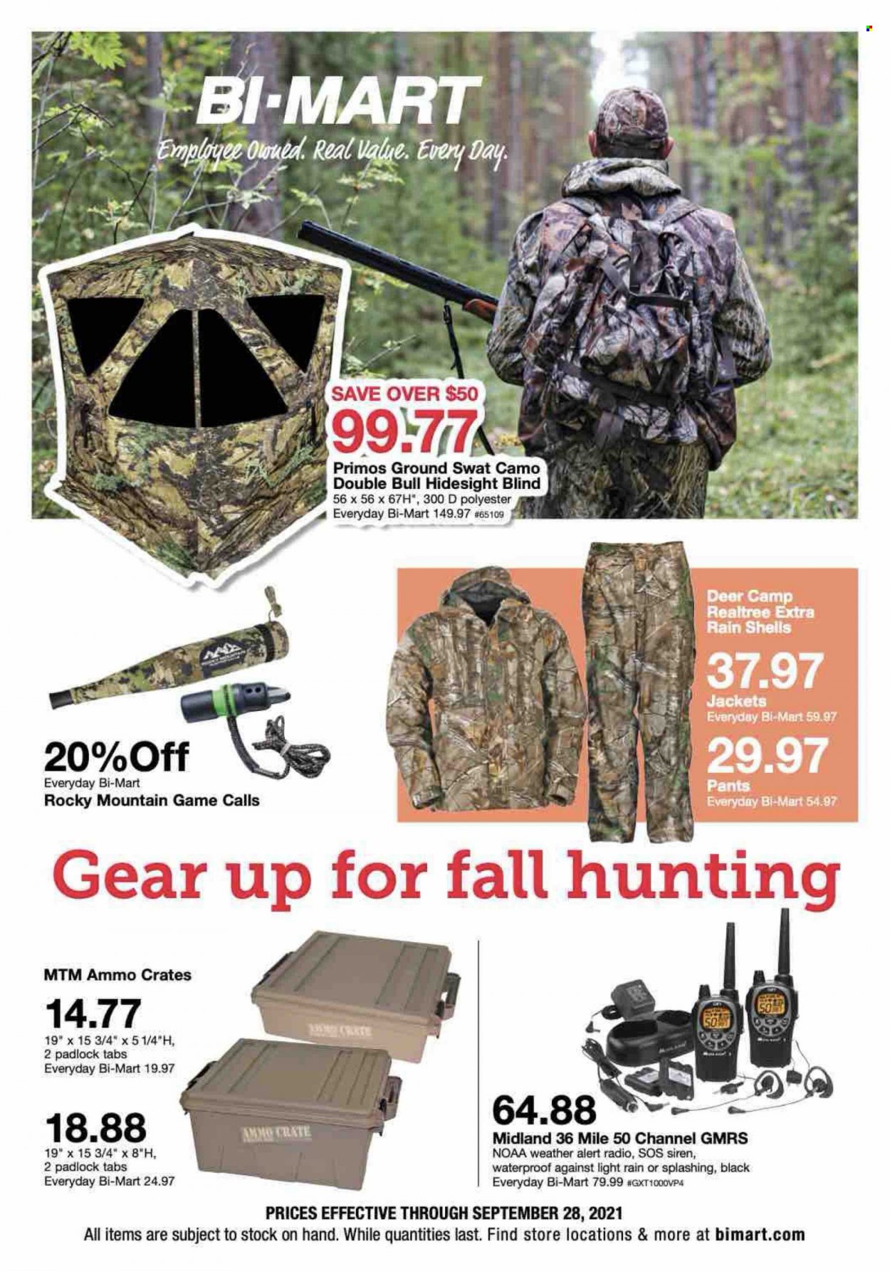thumbnail - Bi-Mart Flyer - 09/15/2021 - 09/28/2021 - Sales products - pants, padlock, crate, radio. Page 1.