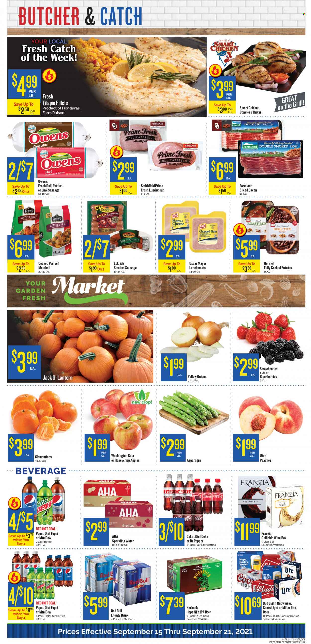 thumbnail - Homeland Flyer - 09/15/2021 - 09/21/2021 - Sales products - asparagus, onion, apples, Gala, tilapia, meatballs, Hormel, bacon, ham, smoked ham, Oscar Mayer, sausage, smoked sausage, pork sausage, kielbasa, lunch meat, cheddar, Coca-Cola, Mountain Dew, Pepsi, juice, energy drink, Dr. Pepper, Diet Pepsi, Diet Coke, Red Bull, sparkling water, wine, beer, Bud Light, IPA, beef meat, Budweiser, clementines, Miller Lite, Coors, peaches. Page 4.