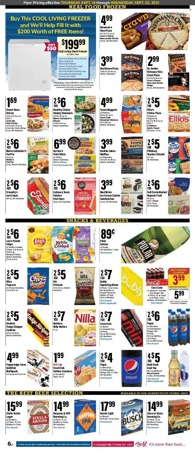 thumbnail - Big Y Flyer - 09/16/2021 - 09/22/2021 - Sales products - pretzels, cake, pie, strudel, pot pie, waffles, clams, fish fillets, fish, fish fingers, Gorton's, fish sticks, pizza, onion rings, sandwich, nuggets, Pillsbury, Healthy Choice, Marie Callender's, Dr. Oetker, ice cream, Friendly's Ice Cream, strips, Red Baron, cookies, fudge, wafers, snack, crackers, Keebler, potato chips, Lay’s, Goldfish, Frito-Lay, Canada Dry, Coca-Cola, ginger ale, Mountain Dew, Schweppes, Sprite, Pepsi, ice tea, seltzer water, flavored water, soda, sparkling water, Smartwater, beer, Busch, Lager, IPA, Stella Artois. Page 9.