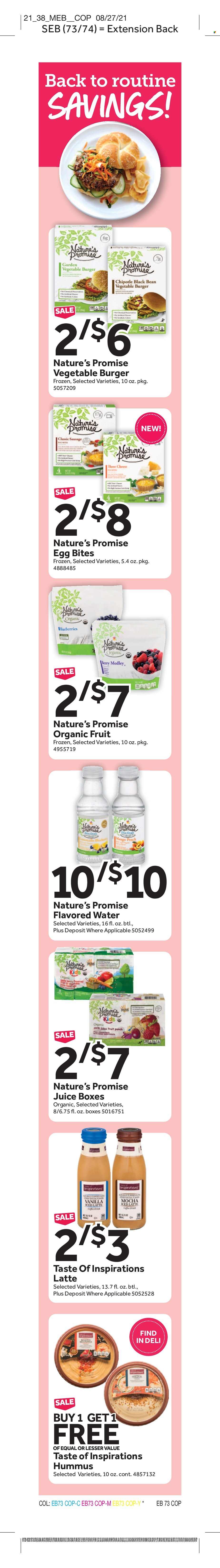 thumbnail - Stop & Shop Flyer - 09/17/2021 - 09/23/2021 - Sales products - Nature’s Promise, hamburger, ham, hummus, eggs, juice, flavored water. Page 12.