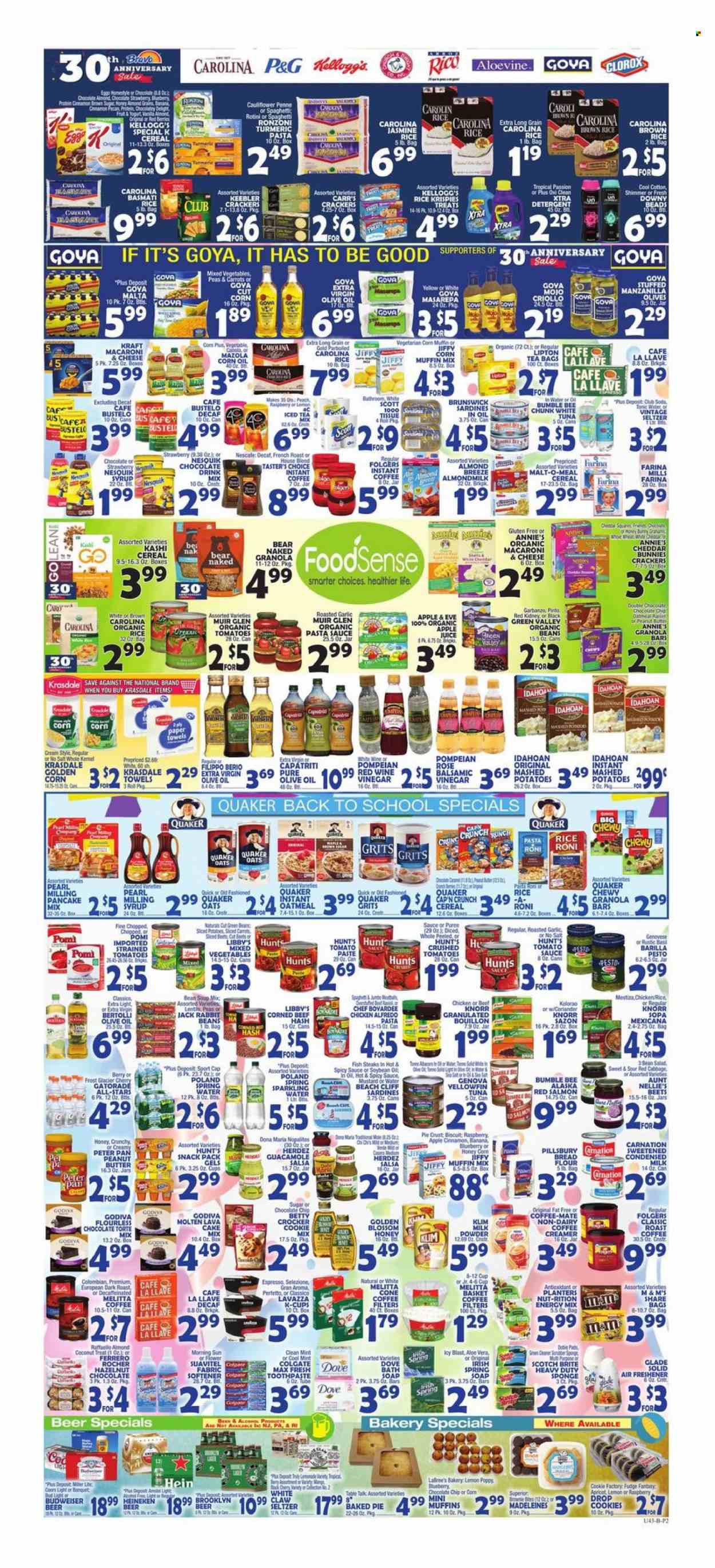thumbnail - Bravo Supermarkets Flyer - 09/17/2021 - 09/23/2021 - Sales products - bread, pie, cake mix, muffin mix, carrots, garlic, peas, coconut, salmon, sardines, tuna, fish, macaroni & cheese, mashed potatoes, pasta sauce, Bumble Bee, Knorr, pancakes, Pillsbury, Barilla, Quaker, Annie's, Kraft®, Bertolli, guacamole, corned beef, Nesquik, Coffee-Mate, milk, condensed milk, milk powder, Almond Breeze, Blossom, creamer, mixed vegetables, fudge, rabbit, chocolate, Ferrero Rocher, Godiva, crackers, Kellogg's, Keebler, bread flour, flour, sugar, oatmeal, oats, grits, corn muffin, crushed tomatoes, tomato sauce, olives, Goya, cereals, granola bar, Rice Krispies, basmati rice, brown rice, penne, long grain rice, turmeric, pesto, salsa, balsamic vinegar, corn oil, extra virgin olive oil, vinegar, wine vinegar, olive oil, honey, peanut butter, Planters, apple juice, juice, Gatorade, seltzer water, spring water, sparkling water, chocolate drink, tea bags, instant coffee, Folgers, coffee capsules, K-Cups, Lavazza, rosé wine, beer, Heineken, beef meat, Dove, Scott, tissues, kitchen towels, paper towels, detergent, Clorox, XTRA, soap, Colgate, Burberry, Budweiser. Page 2.
