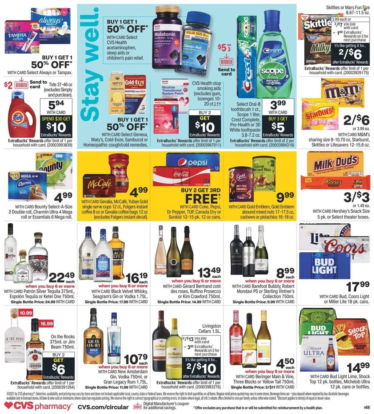 thumbnail - CVS Pharmacy Flyer - 09/19/2021 - 09/25/2021 - Sales products - Reese's, Hershey's, chocolate, snack, Milk Duds, Bounty, Mars, M&M's, Skittles, Starburst, cashews, pistachios, mixed nuts, Canada Dry, Coca-Cola, Pepsi, Dr. Pepper, 7UP, instant coffee, Folgers, McCafe, Gevalia, prosecco, wine, bourbon, gin, rum, tequila, vodka, Jim Beam, whisky, Charmin, Tide, toothbrush, Oral-B, toothpaste, Crest, Tampax, pain relief, syrup, Sambucol, Cold-EEZE, beer, Bud Light, Miller Lite, Coors, Michelob. Page 2.