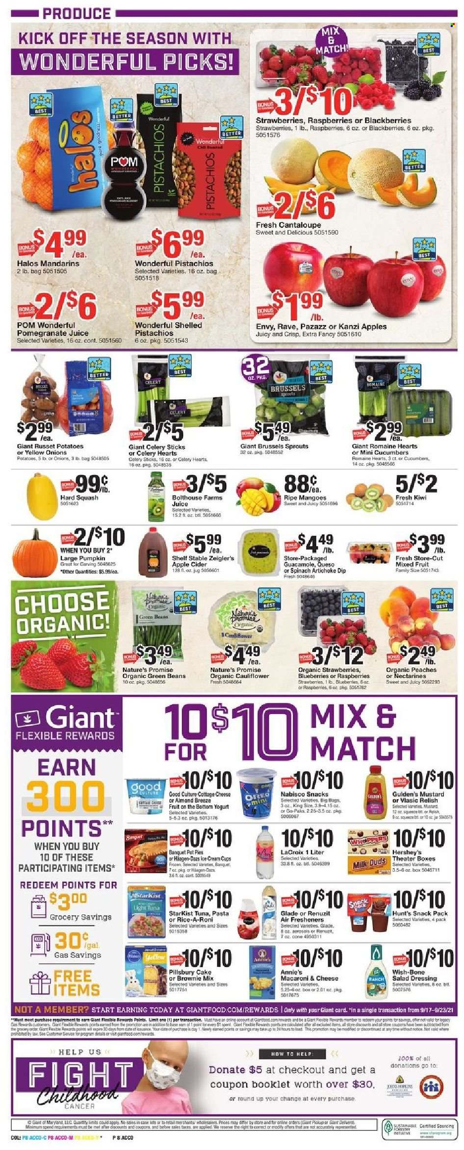 thumbnail - Giant Food Flyer - 09/17/2021 - 09/23/2021 - Sales products - cake, Nature’s Promise, pot pie, brownie mix, beans, cantaloupe, green beans, russet potatoes, potatoes, pumpkin, brussel sprouts, sleeved celery, blackberries, blueberries, kiwi, mandarines, strawberries, StarKist, macaroni & cheese, Pillsbury, Annie's, guacamole, cottage cheese, Oreo, yoghurt, dip, Hershey's, Milk Duds, celery sticks, light tuna, rice, mustard, salad dressing, dressing, pistachios, juice, tea, apple cider, cider, cup, jar, Renuzit, air freshener, Glade, nectarines, pomegranate, peaches. Page 8.