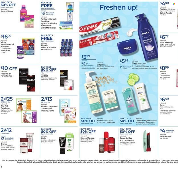 thumbnail - RITE AID Flyer - 09/19/2021 - 09/25/2021 - Sales products - shake, cake, pants, baby pants, Tugaboos, Aveeno, Nivea, Dove, Colgate, L’Oréal, Aussie, Revlon, Pantene, Lubriderm, shave cream, Sally Hansen, makeup, DayQuil, Pepto-bismol, NyQuil. Page 11.