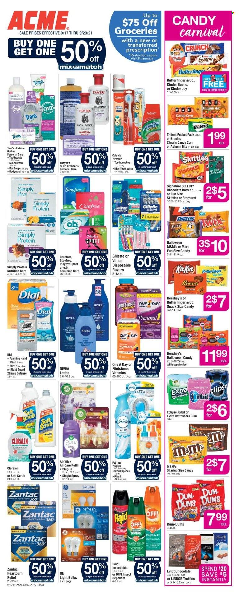thumbnail - ACME Flyer - 09/17/2021 - 09/23/2021 - Sales products - corn, Reese's, Hershey's, snack, Orbit, Lindt, Lindor, Kinder Joy, Snickers, Twix, Mars, truffles, KitKat, M&M's, Kinder Bueno, Skittles, Trident, Starburst, chocolate bar, nutrition bar, L'Or, Nivea, Febreze, hand wash, soap bar, Dial, soap, Colgate, toothpaste, Stayfree, Playtex, Carefree, body lotion, Gillette, Venus, disposable razor, repellent, insecticide, Raid, Air Wick, bulb, light bulb, Prenatal, Zantac. Page 4.