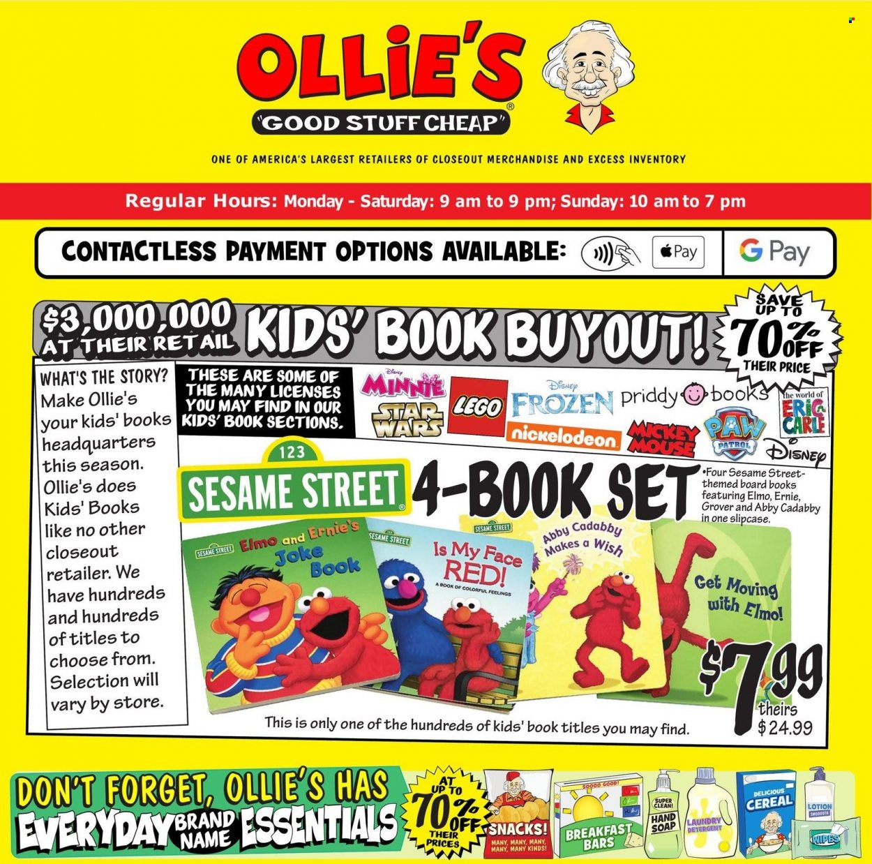 thumbnail - Ollie's Bargain Outlet Flyer - 09/16/2021 - 09/22/2021 - Sales products - Sesame Street, Disney, hand soap, Mickey Mouse, soap, Minnie Mouse, book, mouse, LEGO. Page 1.