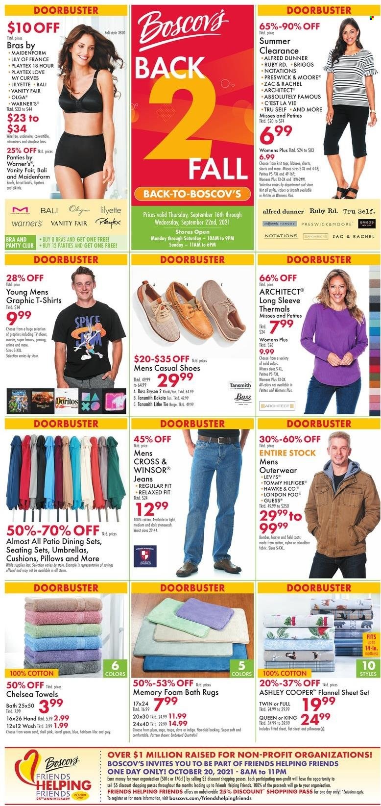 thumbnail - Boscov's Flyer - 09/16/2021 - 09/22/2021 - Sales products - shoes, Guess, Tommy Hilfiger, Dove, bath foam, Playtex, cushion, pillow, bath mat, towel, Levi's, shorts, jeans, t-shirt, tops, bra, briefs, panties. Page 1.