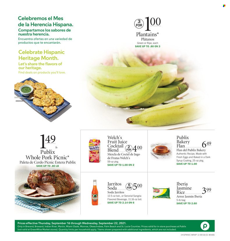 thumbnail - Publix Flyer - 09/16/2021 - 09/22/2021 - Sales products - Welch's, eggs, rice, jasmine rice, syrup, juice, fruit juice, soda, plantains. Page 1.