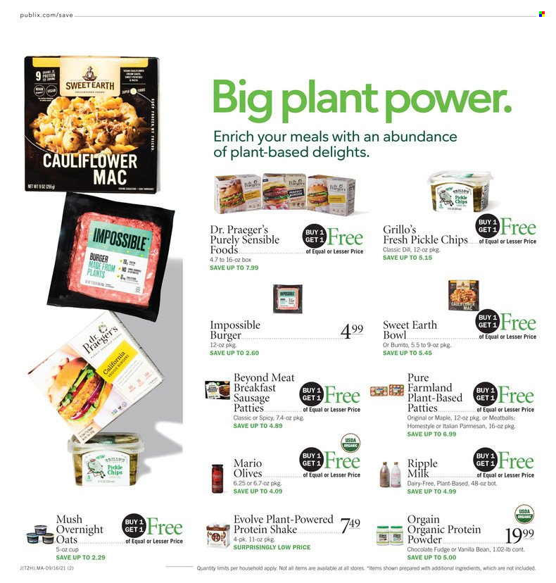 thumbnail - Publix Flyer - 09/16/2021 - 09/22/2021 - Sales products - meatballs, hamburger, burrito, sausage, parmesan, milk, protein drink, shake, fudge, chocolate, chips, olives, dill, bowl, whey protein. Page 3.