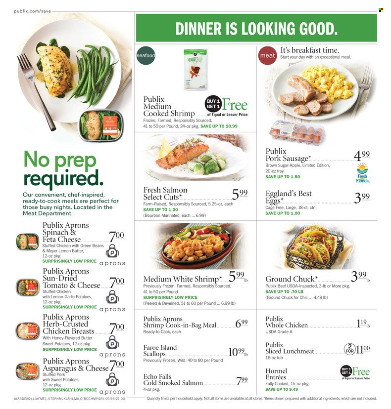 thumbnail - Publix Flyer - 09/16/2021 - 09/22/2021 - Sales products - garlic, green beans, sweet potato, potatoes, salmon, scallops, smoked salmon, seafood, shrimps, Hormel, stuffed chicken, sausage, pork sausage, lunch meat, eggs, cage free eggs, cane sugar, whole chicken, chicken breasts, ground chuck. Page 7.