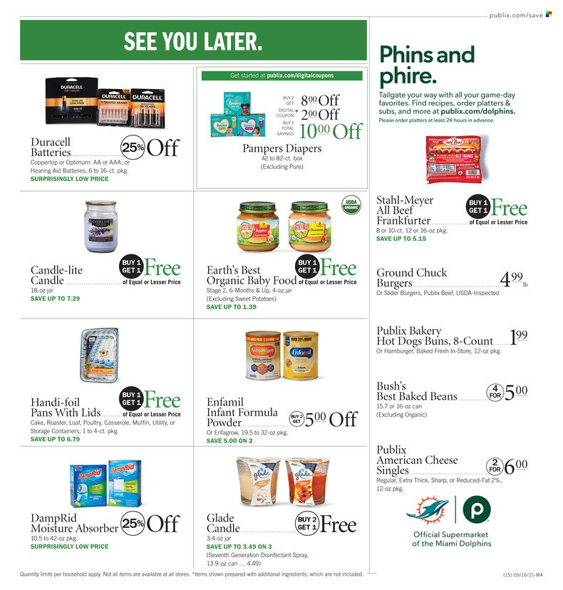 thumbnail - Publix Flyer - 09/16/2021 - 09/22/2021 - Sales products - buns, muffin, potatoes, hot dog, hamburger, american cheese, cheese, baked beans, Enfamil, organic baby food, ground chuck, Pampers, nappies, desinfection, antibacterial spray, Duracell, Optimum. Page 19.