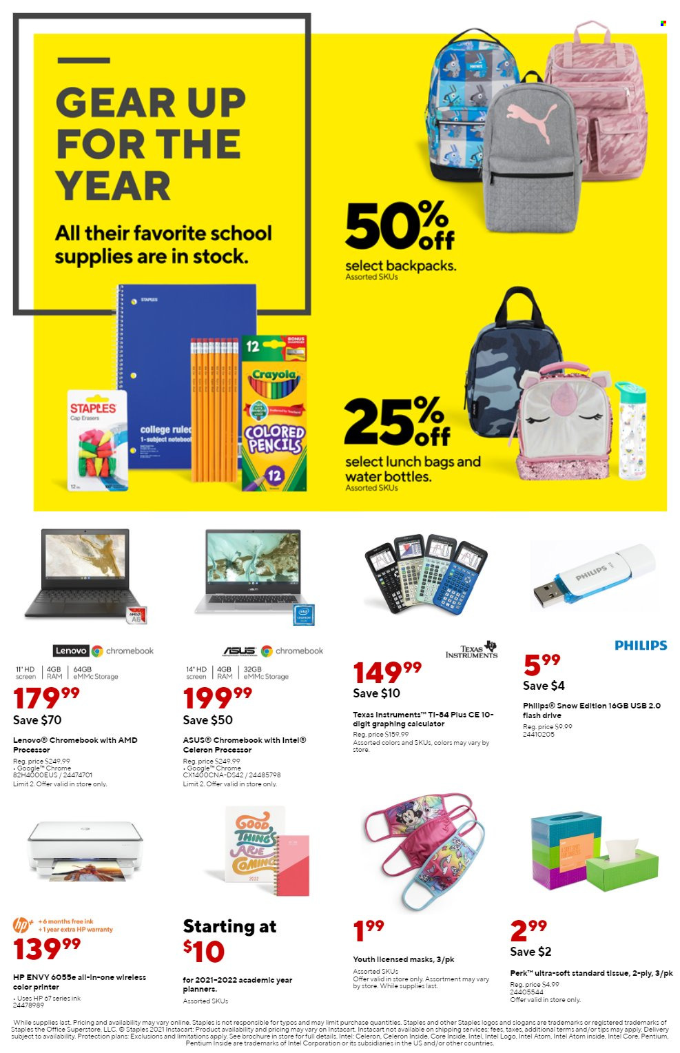 thumbnail - Staples Flyer - 09/19/2021 - 09/25/2021 - Sales products - Intel, Asus, Lenovo, Hewlett Packard, tissues, bag, crayons, calculator, pencil, Philips, chromebook, hp envy, flash drive, printer. Page 5.