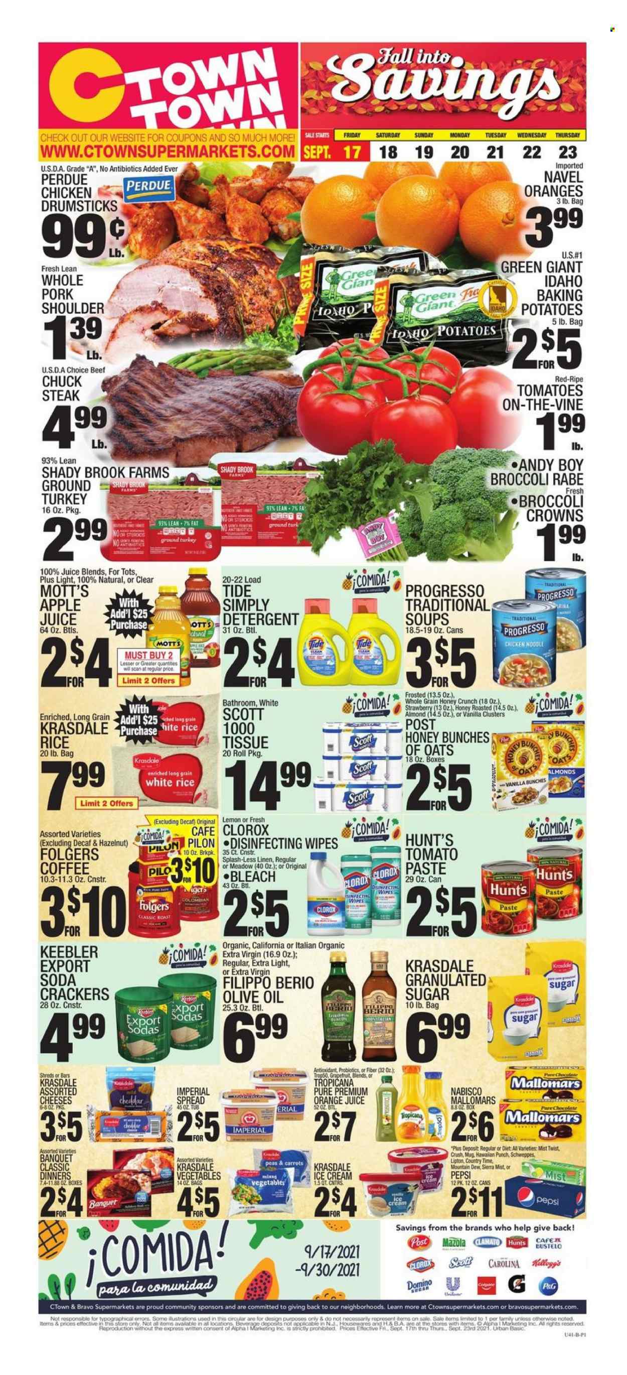 thumbnail - C-Town Flyer - 09/17/2021 - 09/23/2021 - Sales products - carrots, tomatoes, potatoes, broccolini, Mott's, Progresso, Perdue®, cheddar, cheese, ice cream, crackers, Keebler, granulated sugar, sugar, oats, rice, white rice, extra virgin olive oil, olive oil, oil, apple juice, Mountain Dew, Schweppes, Pepsi, orange juice, juice, Lipton, Clamato, Sierra Mist, Country Time, soda, coffee, Folgers, punch, ground turkey, chicken drumsticks, beef meat, steak, chuck steak, pork meat, pork shoulder, navel oranges. Page 1.