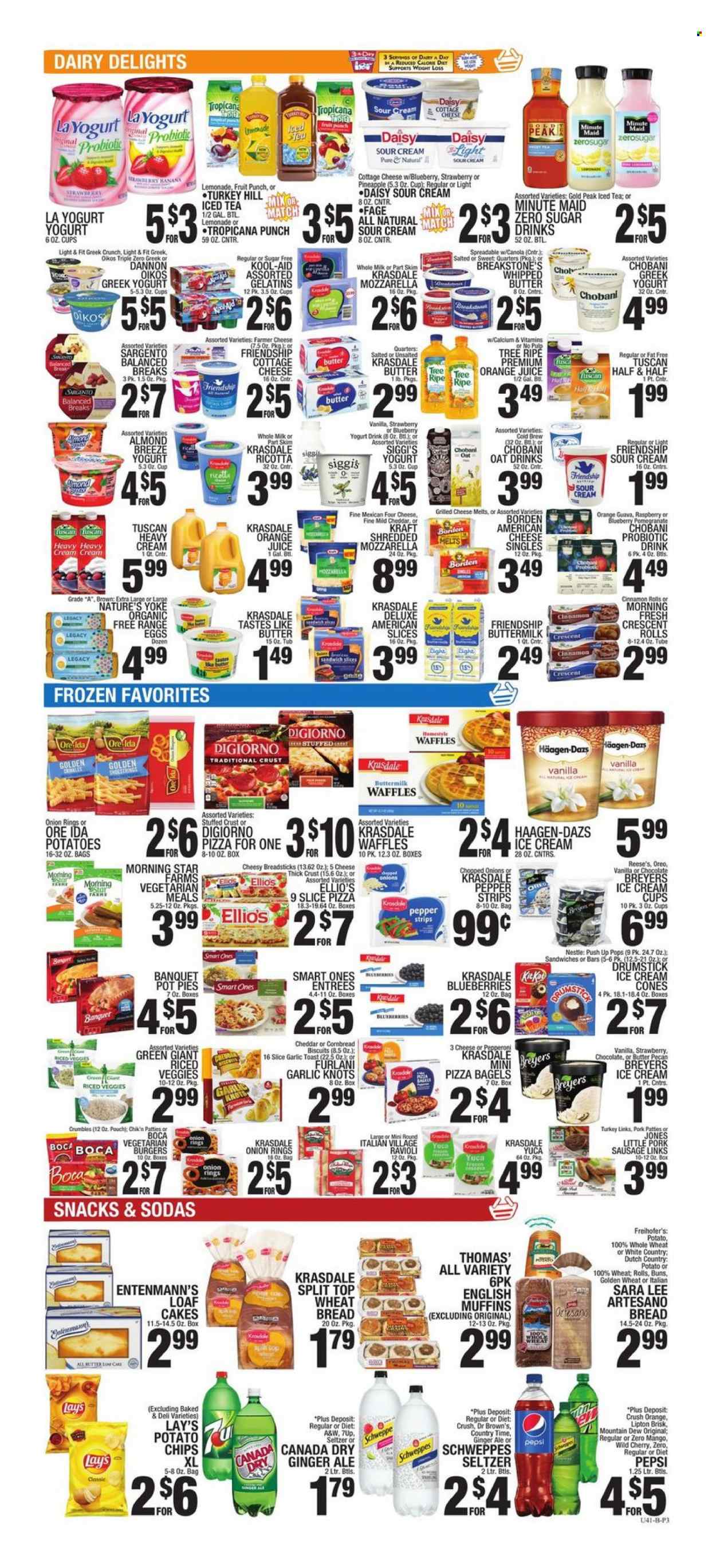 thumbnail - C-Town Flyer - 09/17/2021 - 09/23/2021 - Sales products - bagels, english muffins, wheat bread, cake, buns, Sara Lee, cinnamon roll, crescent rolls, pot pie, waffles, Entenmann's, potatoes, blueberries, guava, cherries, ravioli, pizza, onion rings, sandwich, hamburger, veggie burger, Kraft®, sausage, pork sausage, american cheese, cottage cheese, farmer cheese, mild cheddar, ricotta, Sargento, greek yoghurt, Oreo, yoghurt, Oikos, Chobani, Dannon, buttermilk, yoghurt drink, Almond Breeze, eggs, Tastes Like Butter, whipped butter, sour cream, ice cream, Reese's, Häagen-Dazs, strips, Ore-Ida, Nestlé, snack, bread sticks, Lay’s, oats, Canada Dry, ginger ale, lemonade, Mountain Dew, Schweppes, Pepsi, orange juice, juice, Lipton, ice tea, 7UP, A&W, Country Time, fruit punch, seltzer water, Half and half. Page 3.