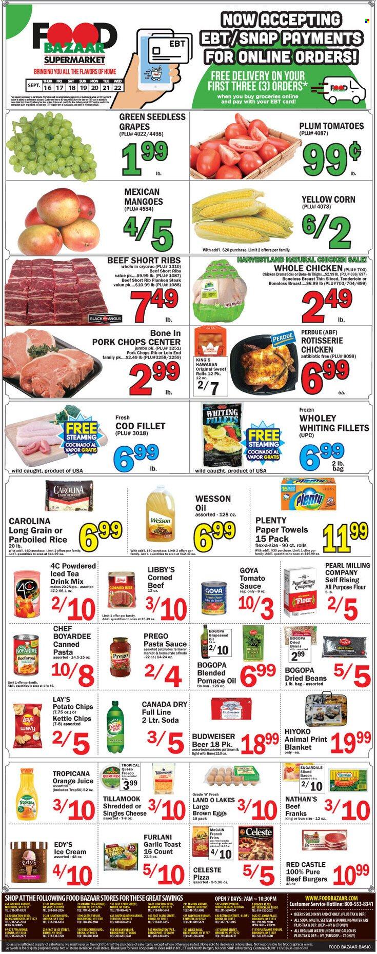 thumbnail - Food Bazaar Flyer - 09/16/2021 - 09/22/2021 - Sales products - seedless grapes, sweet rolls, beans, corn, grapes, cod, whiting fillets, whiting, pizza, chicken roast, pasta sauce, hamburger, sauce, beef burger, Perdue®, Sugardale, bacon, corned beef, queso fresco, eggs, ice cream, McCain, potato fries, Celeste, 7 Days, potato chips, Lay’s, all purpose flour, flour, tomato sauce, Goya, Chef Boyardee, rice, parboiled rice, oil, Canada Dry, juice, ice tea, seltzer water, soda, sparkling water, beer, Castle, whole chicken, chicken drumsticks, beef meat, beef ribs, steak, pork chops, pork meat, Budweiser. Page 1.