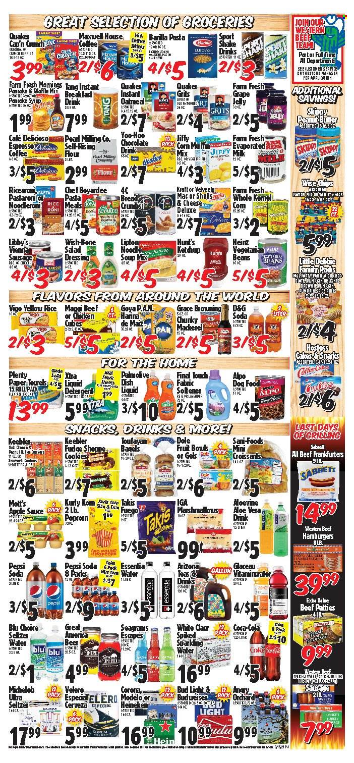 thumbnail - Western Beef Flyer - 09/16/2021 - 09/22/2021 - Sales products - bread, muffin, corn, Dole, mackerel, soup mix, soup, pasta, sauce, Quaker, shake, butter, Ola, fudge, chocolate, snack, jelly, Keebler, popcorn, flour, self rising flour, grits, Maggi, corn muffin, Goya, Chef Boyardee, rice, ketchup, dressing, apple sauce, pancake syrup, syrup, Coca-Cola, Pepsi, seltzer water, soda, chocolate drink, coffee, beer, Bud Light, Corona Extra, Heineken, Modelo, Plenty, detergent, Palmolive, Dolce & Gabbana, paper, Michelob. Page 3.