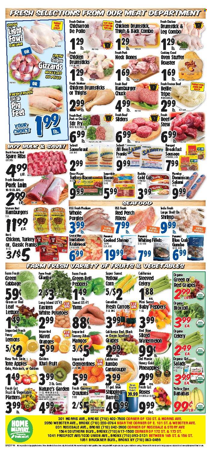 thumbnail - Western Beef Flyer - 09/16/2021 - 09/22/2021 - Sales products - cabbage, cantaloupe, carrots, celery, corn, potatoes, peppers, apples, bananas, Gala, grapes, watermelon, pineapple, oranges, hamburger, pork loin, pork meat, pork spare ribs, perch, seafood, whiting, bacon, turkey bacon, honey, lemons, navel oranges. Page 4.
