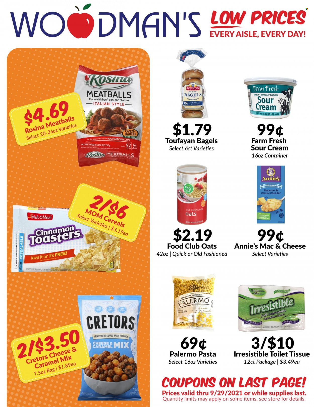 thumbnail - Woodman's Markets Flyer - 09/16/2021 - 09/29/2021 - Sales products - bagels, meatballs, macaroni, pasta, Annie's, cheddar, sour cream, popcorn, malt, cereals, caramel, toilet paper, Suave. Page 1.