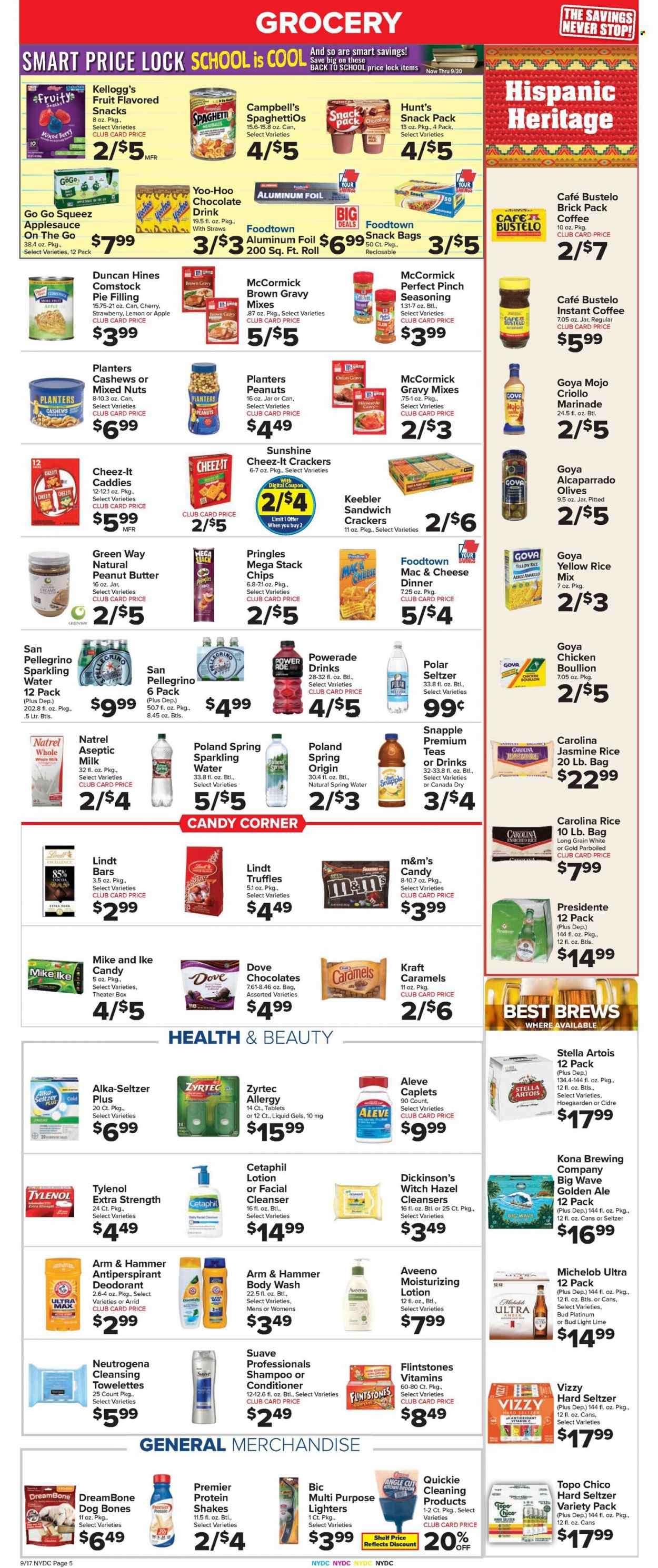 thumbnail - Foodtown Flyer - 09/17/2021 - 09/23/2021 - Sales products - Campbell's, Kraft®, milk, protein drink, shake, Sunshine, chocolate, Lindt, truffles, M&M's, crackers, Kellogg's, Keebler, Pringles, chips, Cheez-It, ARM & HAMMER, pie filling, olives, Goya, jasmine rice, parboiled rice, spice, homestyle gravy, onion gravy, marinade, apple sauce, peanut butter, cashews, peanuts, mixed nuts, Planters, Canada Dry, Powerade, Snapple, spring water, sparkling water, San Pellegrino, chocolate drink, instant coffee, Hard Seltzer, beer, Bud Light, Aveeno, Dove, WAVE, body wash, shampoo, Suave, cleanser, Neutrogena, conditioner, body lotion, anti-perspirant, deodorant, BIC, broom, straw, aluminium foil, Aleve, Tylenol, vitamin c, Zyrtec, Alka-seltzer, Stella Artois, Michelob. Page 7.