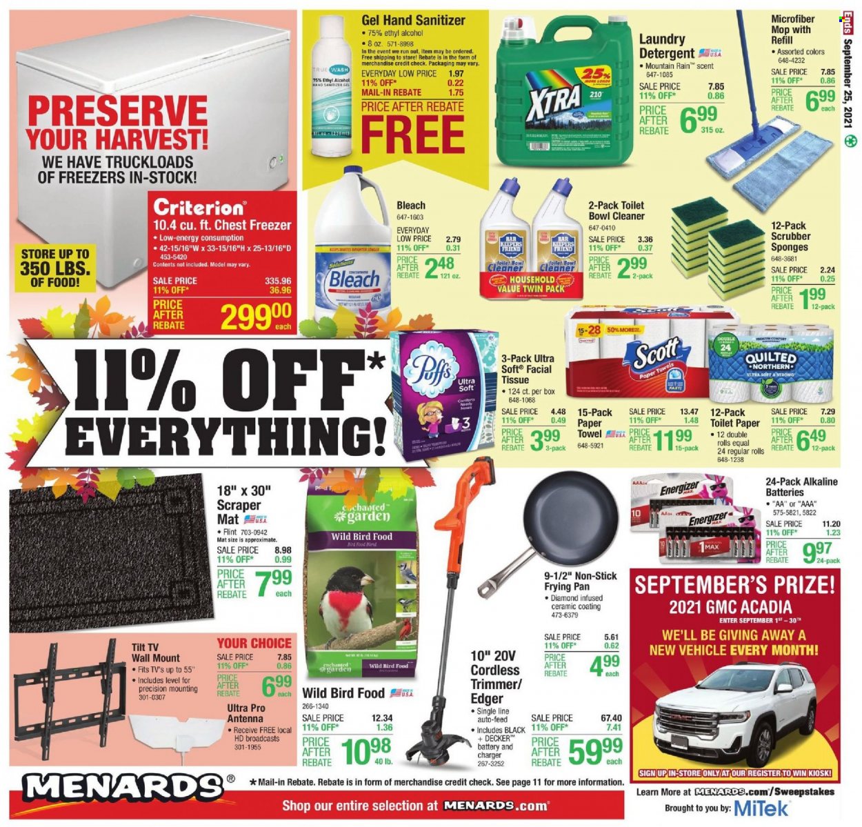 thumbnail - Menards Flyer - 09/16/2021 - 09/25/2021 - Sales products - Acadia, detergent, cleaner, bleach, toilet bowl, laundry detergent, XTRA, hand sanitizer, sponge, mop, pan, Energizer, kitchen towels, animal food, bird food, trimmer. Page 21.