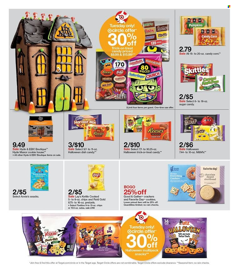 thumbnail - Target Flyer - 09/19/2021 - 09/25/2021 - Sales products - pretzels, corn, pumpkin, Annie's, Reese's, cookies, chocolate, snack, crackers, Skittles, chips, Lay’s, kettle, Tostitos, sugar, salsa, Target. Page 12.