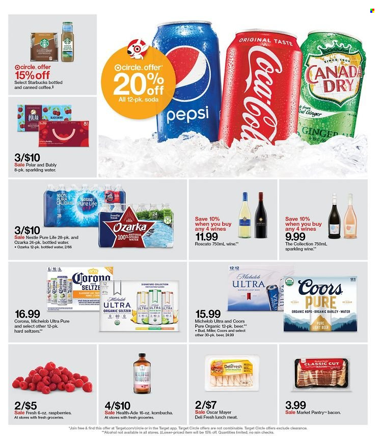 thumbnail - Target Flyer - 09/19/2021 - 09/25/2021 - Sales products - bacon, Oscar Mayer, lunch meat, Nestlé, Coca-Cola, Pepsi, soda, sparkling water, bottled water, kombucha, coffee, Starbucks, sparkling wine, wine, beer, Corona Extra, Target, Coors. Page 13.