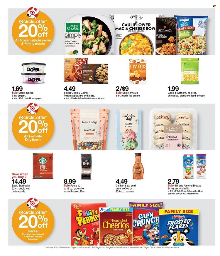 thumbnail - Target Flyer - 09/19/2021 - 09/25/2021 - Sales products - garlic, pizza, Healthy Choice, sliced cheese, yoghurt, almond milk, Almond Breeze, oat milk, ice cream, sugar, cereals, granola, Cheerios, Frosted Flakes, Monster, coffee pods, Starbucks, Target. Page 14.