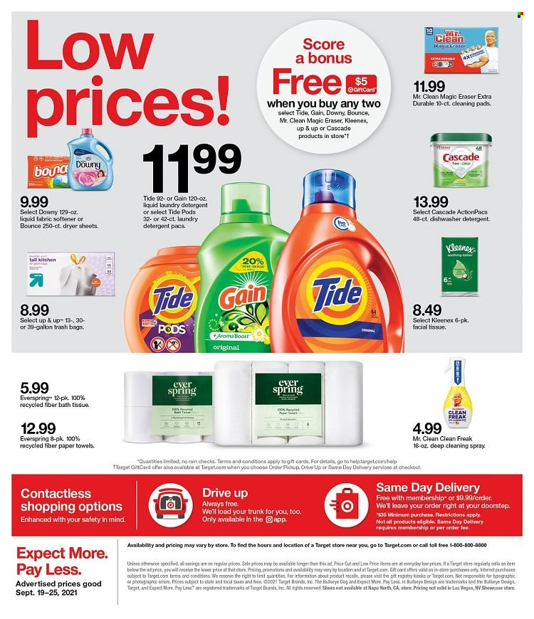 thumbnail - Target Flyer - 09/19/2021 - 09/25/2021 - Sales products - Boost, bath tissue, Kleenex, kitchen towels, paper towels, detergent, Gain, cleaning pad, Cascade, Tide, fabric softener, laundry detergent, Bounce, dryer sheets, bag, trash bags, Target, eraser. Page 16.