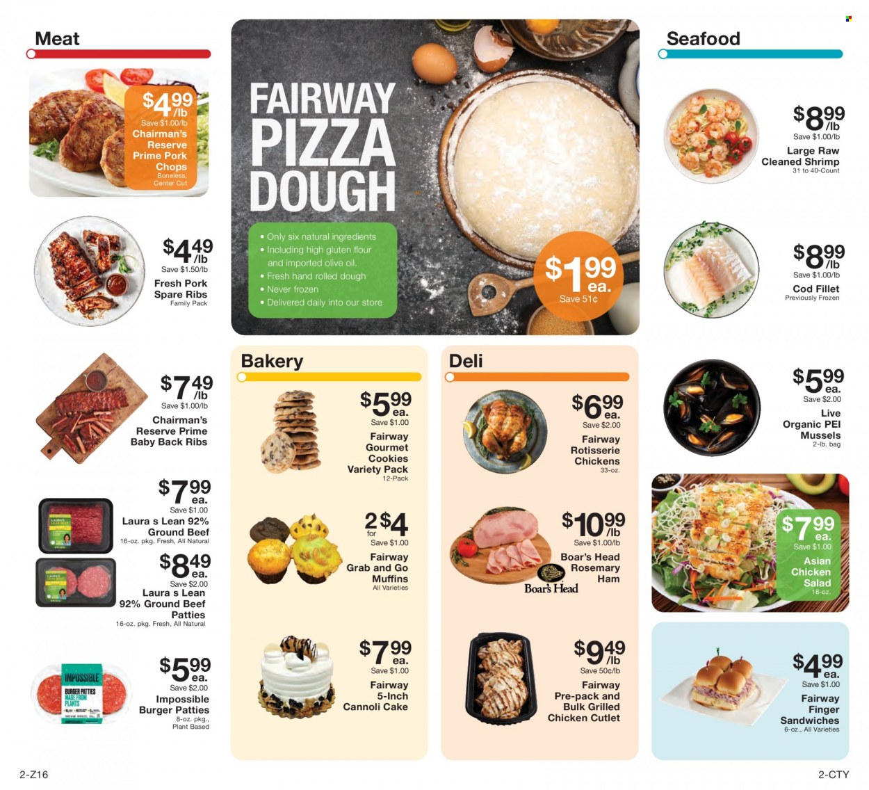 thumbnail - Fairway Market Flyer - 09/17/2021 - 09/23/2021 - Sales products - cake, muffin, cod, mussels, seafood, shrimps, pizza, sandwich, hamburger, ham, chicken salad, cookies, flour, rosemary, olive oil, oil, beef meat, ground beef, burger patties, pork chops, pork meat, pork ribs, pork spare ribs, pork back ribs. Page 2.