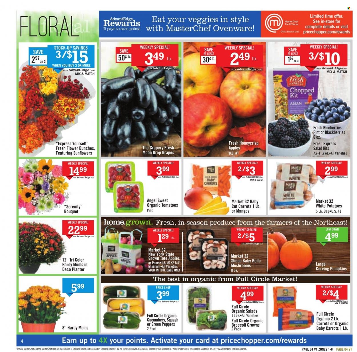 thumbnail - Price Chopper Flyer - 09/19/2021 - 09/25/2021 - Sales products - mushrooms, carrots, potatoes, pumpkin, salad, peppers, apples, blackberries, blueberries, grapes, pears, curd, bunches, bouquet. Page 4.