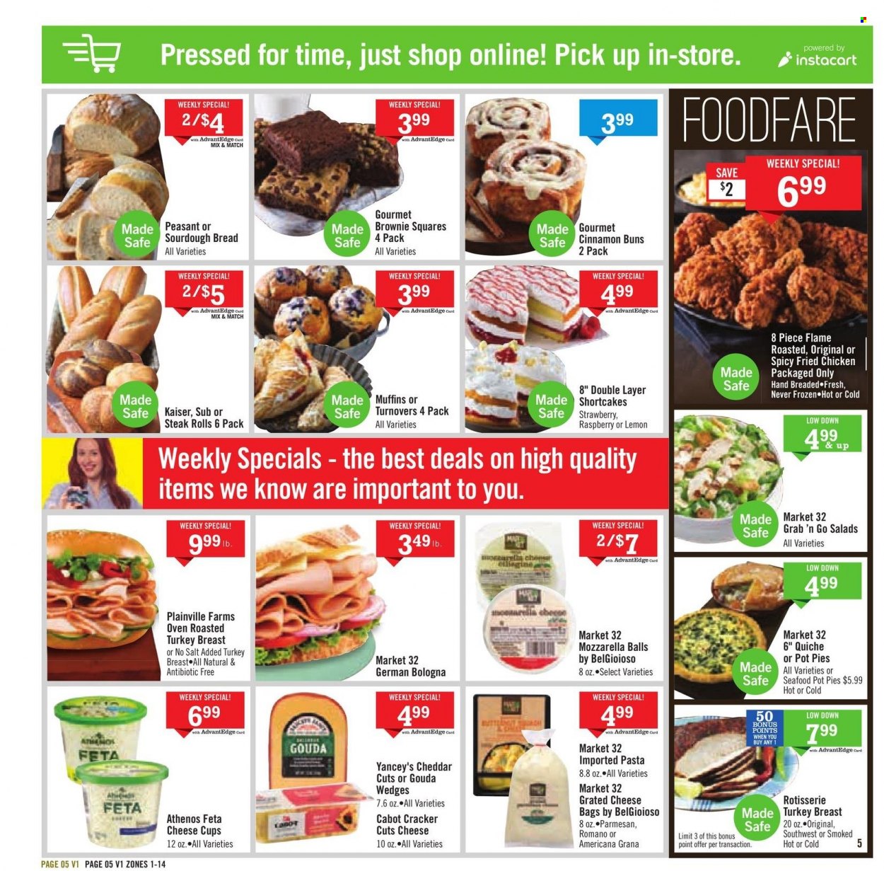 thumbnail - Price Chopper Flyer - 09/19/2021 - 09/25/2021 - Sales products - bread, buns, sourdough bread, turnovers, pot pie, brownies, muffin, salad, seafood, pasta, fried chicken, german bologna, gouda, mozzarella, cheddar, cheese cup, parmesan, cheese, grated cheese, feta, quiche, crackers, cinnamon, steak. Page 5.