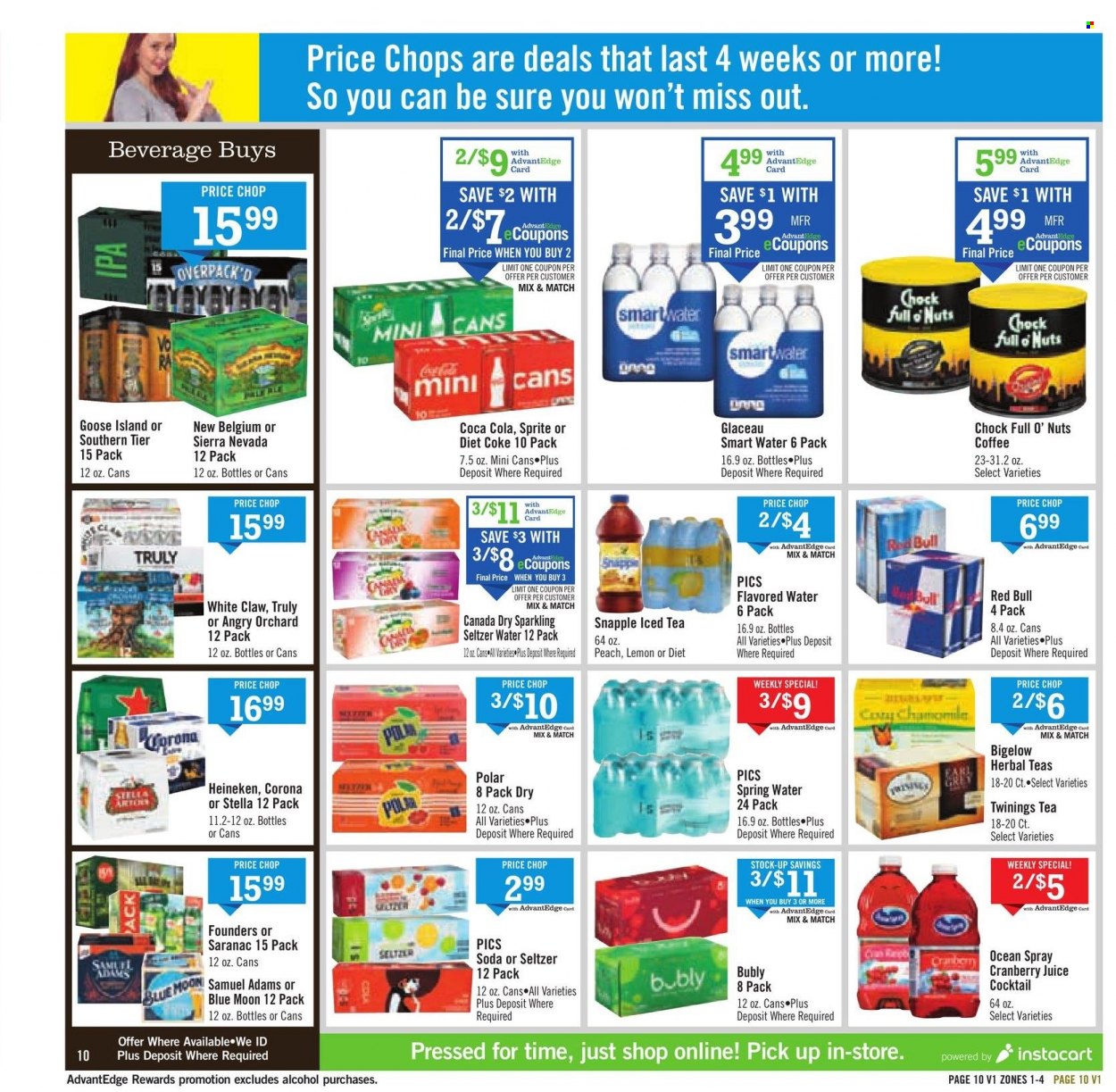 thumbnail - Price Chopper Flyer - 09/19/2021 - 09/25/2021 - Sales products - Canada Dry, Coca-Cola, cranberry juice, Sprite, juice, ice tea, Diet Coke, Red Bull, Snapple, seltzer water, spring water, flavored water, soda, Smartwater, Twinings, coffee, White Claw, TRULY, beer, Corona Extra, Heineken, IPA, Blue Moon. Page 10.