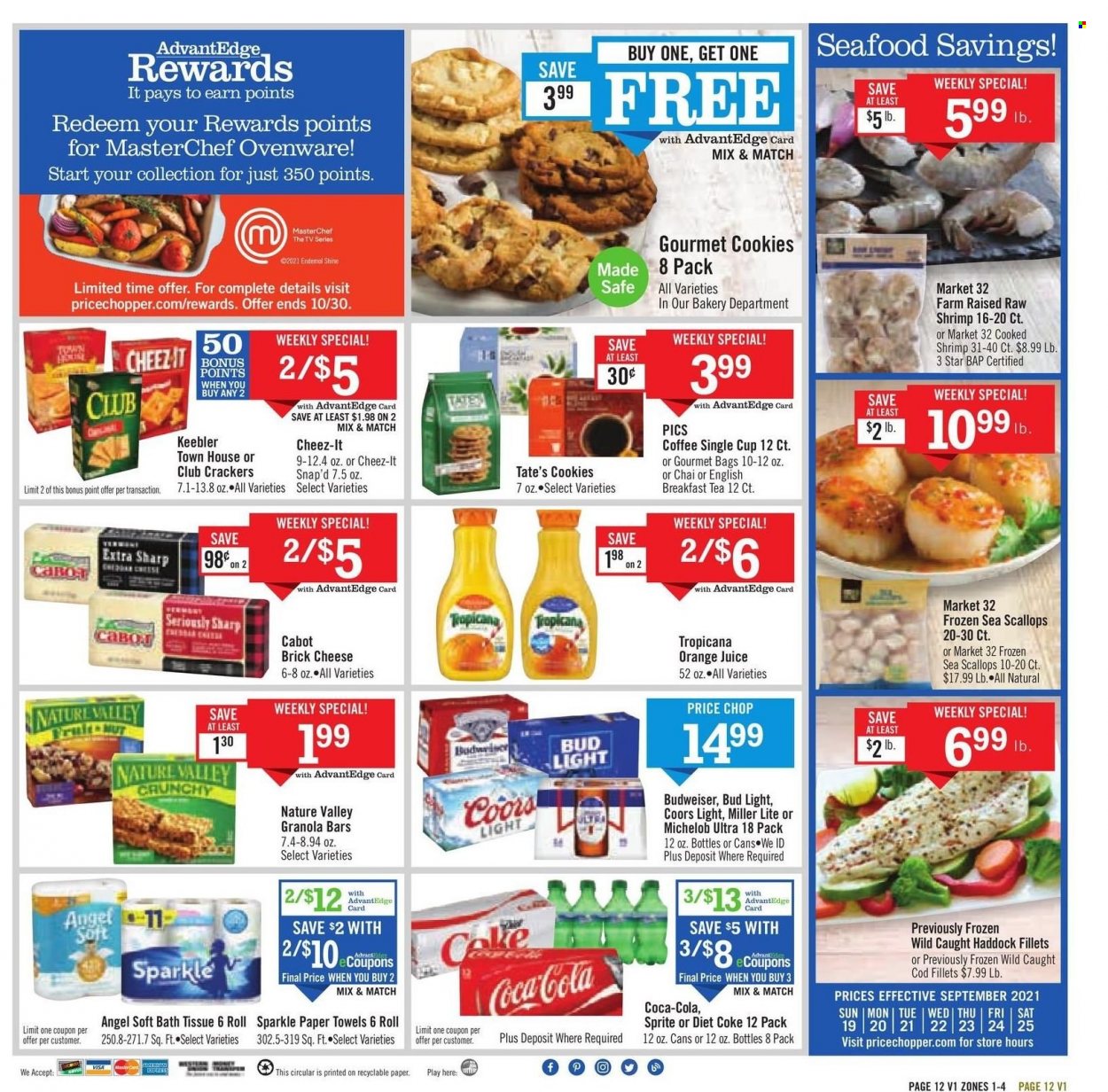 thumbnail - Price Chopper Flyer - 09/19/2021 - 09/25/2021 - Sales products - cod, scallops, haddock, seafood, shrimps, brick cheese, cheese, cookies, crackers, Keebler, Cheez-It, granola bar, Nature Valley, Coca-Cola, Sprite, orange juice, juice, Diet Coke, tea, coffee, beer, Bud Light, bath tissue, kitchen towels, paper towels, Budweiser, Miller Lite, Coors, Michelob. Page 12.
