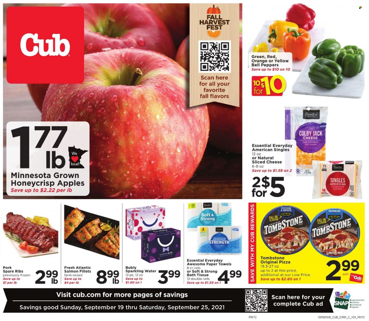 thumbnail - Cub Foods Flyer - 09/19/2021 - 09/25/2021 - Sales products - bell peppers, peppers, apples, oranges, salmon, salmon fillet, pizza, pepperoni, Colby cheese, Monterey Jack cheese, sliced cheese, milk, sparkling water, pork meat, pork ribs, pork spare ribs, bath tissue, kitchen towels, paper towels. Page 1.