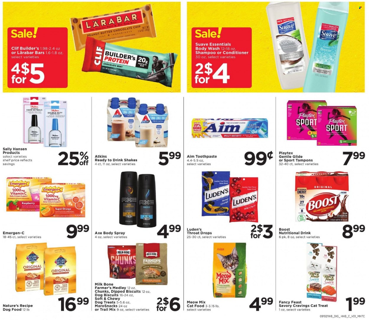 thumbnail - Cub Foods Flyer - 09/19/2021 - 09/25/2021 - Sales products - oranges, milk, shake, chocolate chips, protein bar, honey, peanut butter, trail mix, Boost, body wash, shampoo, Suave, toothpaste, Playtex, tampons, conditioner, body spray, Sally Hansen, vitamin c, Emergen-C. Page 10.