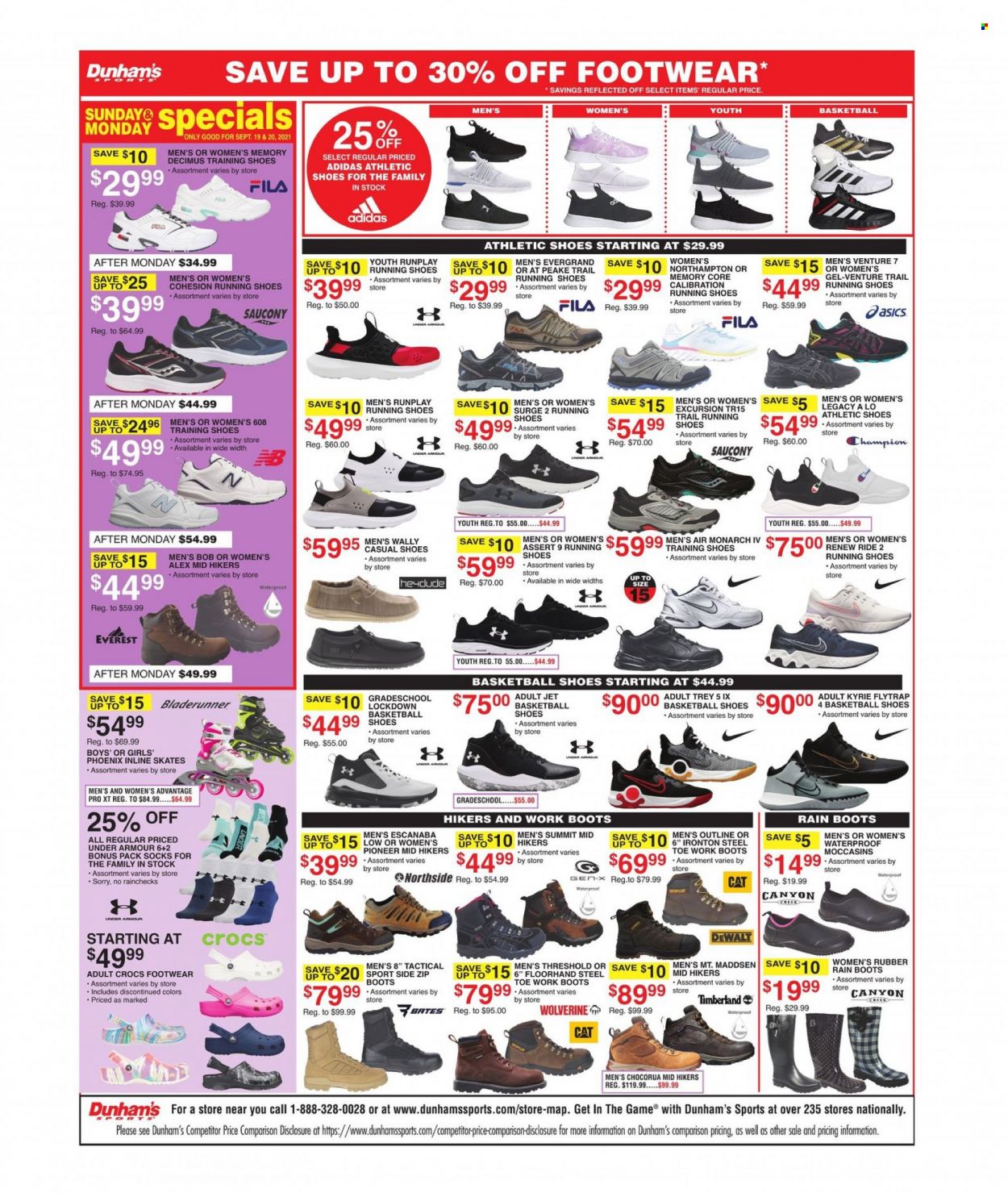 thumbnail - Dunham's Sports Flyer - Sales products - Adidas, boots, DeWALT, Fila, running shoes, shoes, Under Armour, hiking shoes, Air Monarch, rain boots, Saucony, athletic shoes, Timberland, Pioneer, socks, basketball, inline skates, skates. Page 2.