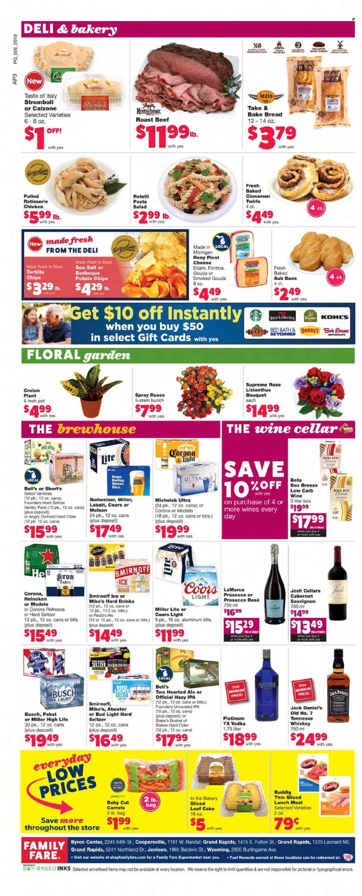 thumbnail - Family Fare Flyer - 09/19/2021 - 09/25/2021 - Sales products - bread, ciabatta, cake, buns, loaf cake, carrots, salad, lobster, Jack Daniel's, pasta, calzone, Bob Evans, pasta salad, lunch meat, edam cheese, Fontina, gouda, cheese, tortilla chips, potato chips, chips, cinnamon, lemonade, Cabernet Sauvignon, red wine, wine, rosé wine, Smirnoff, vodka, whiskey, Hard Seltzer, whisky, cider, beer, Busch, Bud Light, Corona Extra, Heineken, IPA, Modelo, Pabst Blue Ribbon, beef meat, roast beef, pot, bouquet, Budweiser, Miller Lite, Coors, Michelob. Page 6.