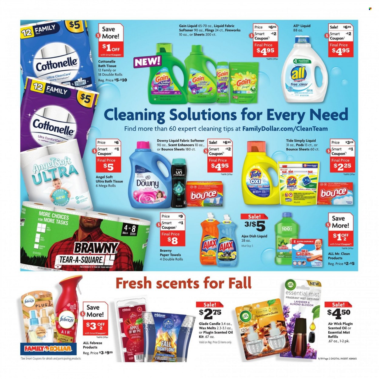 thumbnail - Family Dollar Flyer - 09/19/2021 - 09/25/2021 - Sales products - Apple, pie, Blossom, chocolate, bath tissue, Cottonelle, kitchen towels, paper towels, Febreze, Gain, Ajax, Tide, fabric softener, Bounce, Downy Laundry, dishwashing liquid, candle, diffuser, Air Wick, Glade, scented oil. Page 2.