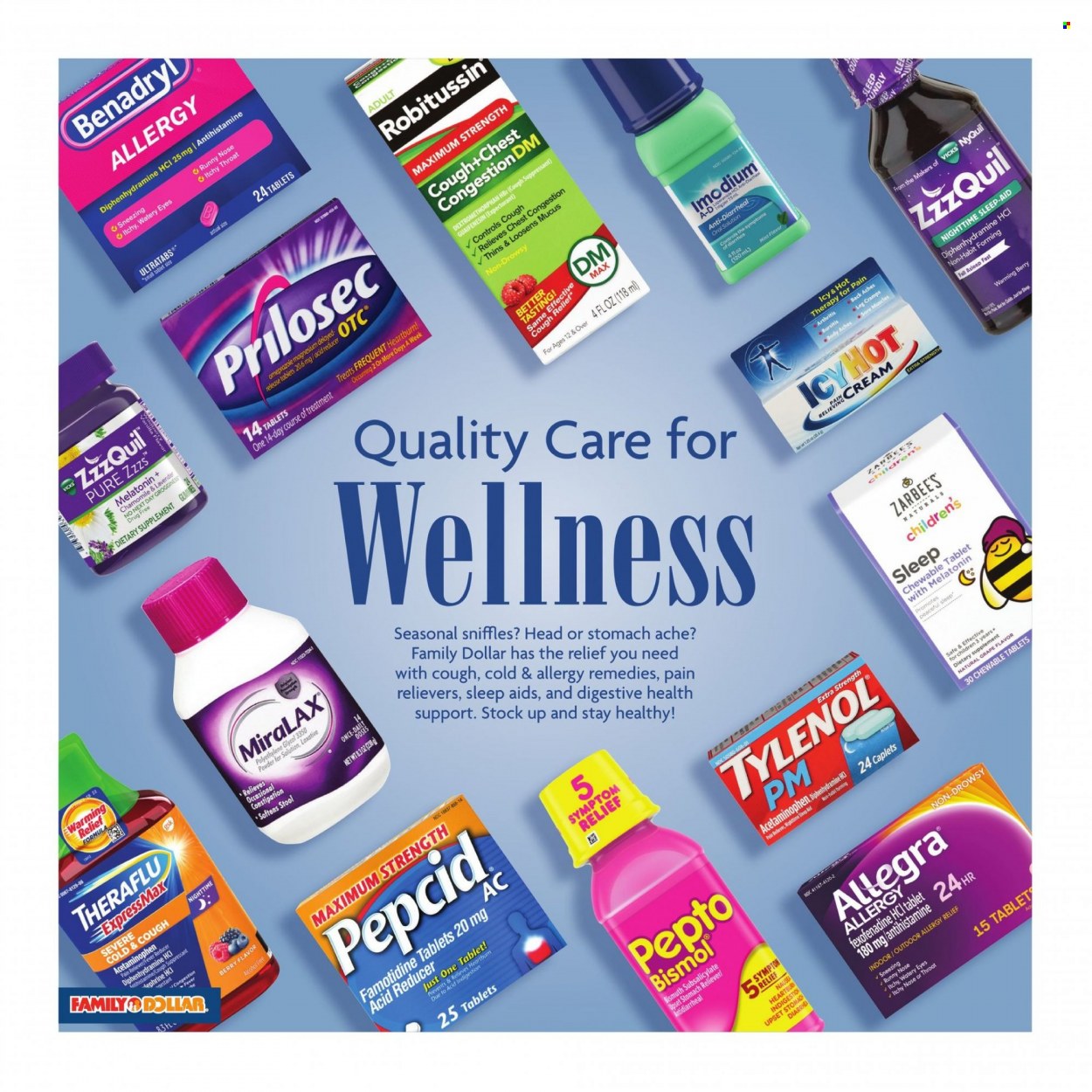 thumbnail - Family Dollar Flyer - 09/19/2021 - 09/25/2021 - Sales products - tablet, Thins, Vicks, magnesium, MiraLAX, Robitussin, Theraflu, Tylenol, ZzzQuil, Imodium, Pepcid, NyQuil, allergy relief, dietary supplement. Page 4.